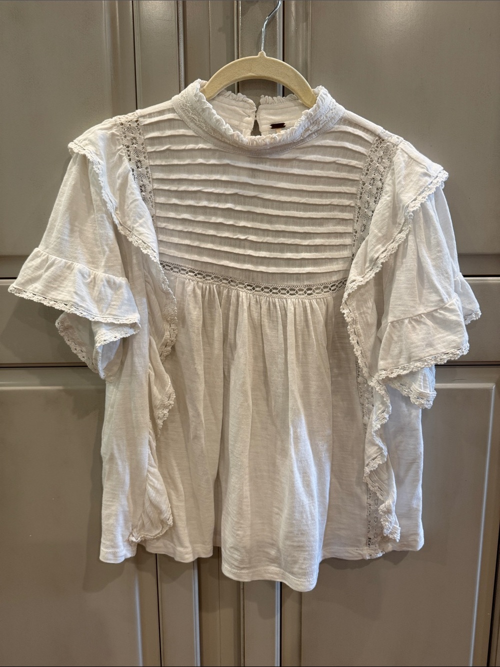 Free People White Ruffle & Pintuck Lace Blouse